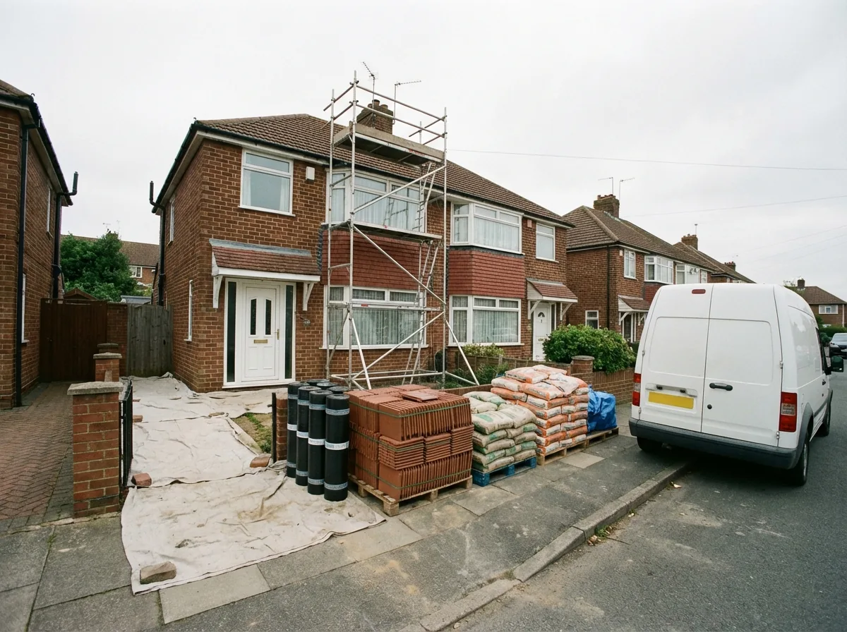 Evercrest work site with materials and scaffolding ready for a roofing project