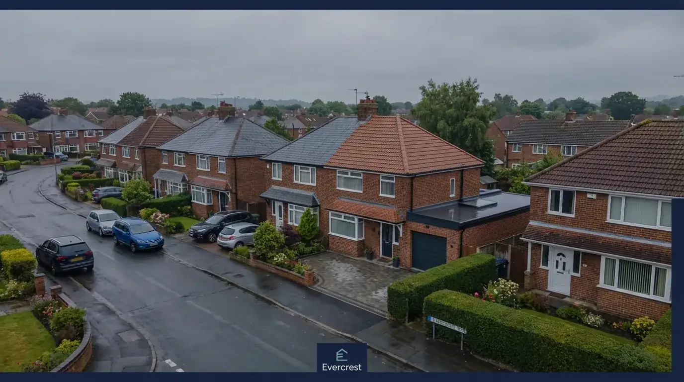 Residential street where Evercrest provides roofing and property care